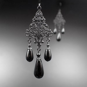 Handmade Lacy Gothic Chandelier Earrings with All Black Metal and Black Crystal Pearls, Crystal Victorian Mourning Jewelry