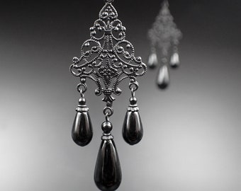 Handmade Lacy Gothic Chandelier Earrings with All Black Metal and Black Crystal Pearls, Crystal Victorian Mourning Jewelry