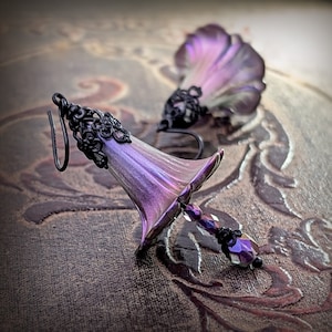 Handmade Iridescent Lucite Flower Earrings in Dark Color Shifting Purple, Fuchsia and Blue, with Gothic Victorian Style Black Metal Filigree