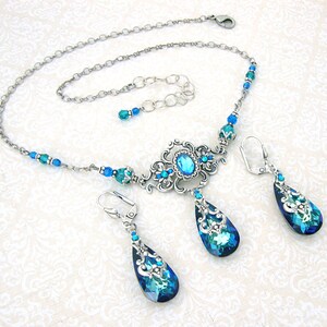 Bermuda Blue Victorian Style Necklace with Antiques Silver Filigree Custom Length image 5