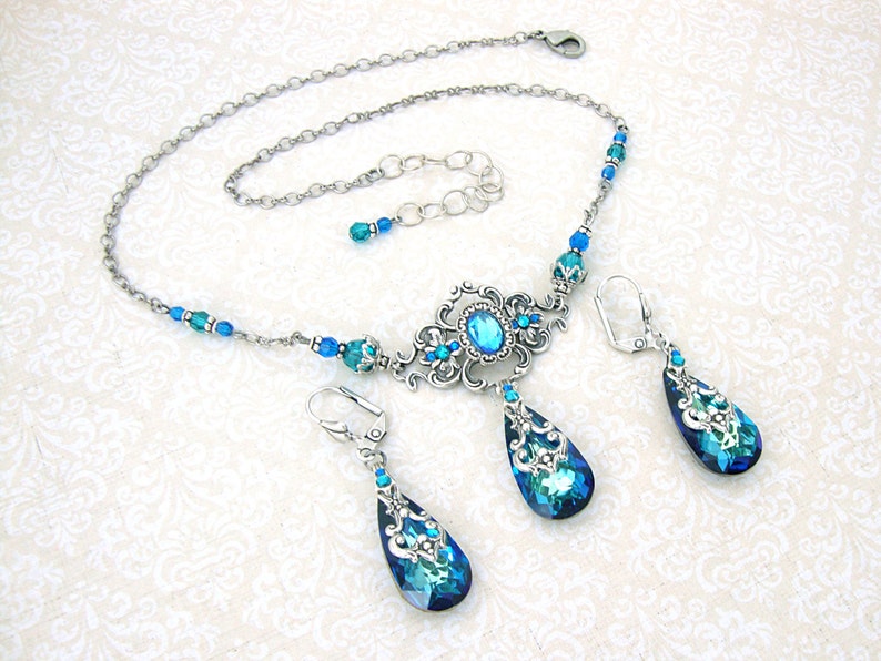 Bermuda Blue Victorian Style Necklace with Antiques Silver Filigree Custom Length image 5