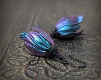 Gothic Iridescent Color Shifting Flower Earrings, Purple and Green Handmade Goth Victorian Tulip Drops with Black Metal and Crystals