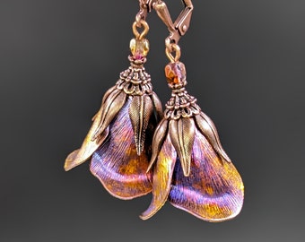 Iridescent Flower Artistic Earrings, Fuchsia Pink, Orange, and Yellow Color Shifting Tulips with Antiqued Copper, Artistic Statement Jewelry
