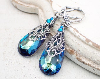 Blue Antique Style Earrings - with Bermuda Blue Crystal and Antique Silver Filigree Bridal Jewelry