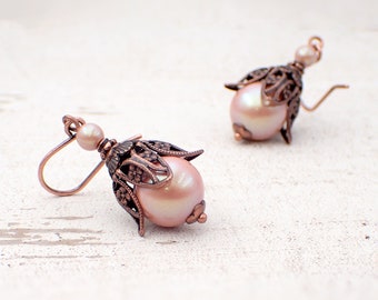 Pearlescent Pink Handmade Earrings with Victorian Style Antiqued Copper Floral Filigree and Crystal Simulated Pearls