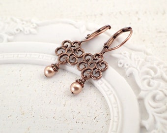 Small Copper Filigree Earrings with Rose Gold Colored Crystal Pearls - Shabby Victorian Leverback Earrings - Wedding Guest Jewelry