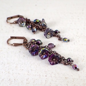 Iridescent Dark Purple Flower Dangle Earrings - Whimsical Spring Flower Wedding Rustic Copper Nature Gift for Her Artistic Jewelry