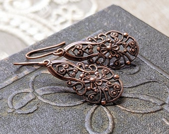 Romantic Lacy Filigree Drop Earrings in Antiqued Copper, Vintage Victorian Art Nouveau Style Jewelry
