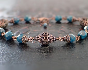 Turquoise Blue and Copper Antique Style Bracelet - Teal Renaissance Boho Women's Jewelry - Filigree and Czech Glass Beaded Bracelet