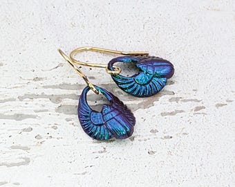 Iridescent Scarab Earrings, Small Egyptian Beetle Handmade Earrings