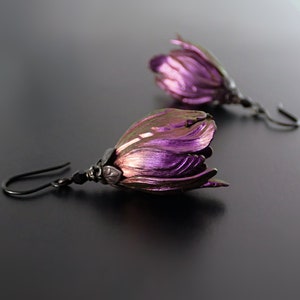 Gothic Iridescent Color Shifting Flower Earrings, Handmade Goth Victorian Tulip Drops with Black Metal and Crystals, Gothic Jewelry Gifts