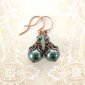 Dark Teal Pearl Earrings, Victorian Style with Antique Copper Filigree