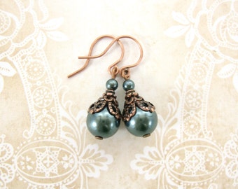 Dark Teal Pearl Earrings, Victorian Style with Antique Copper Filigree
