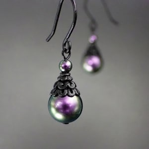 Iridescent Dark Purple and Green Crystal Pearl Earrings with Black Metal, Alternative Style Gothic Jewelry Gifts
