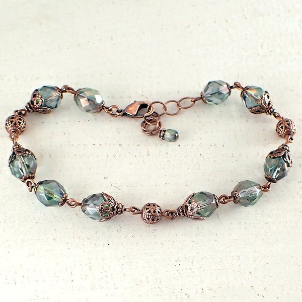 Seafoam Green Czech Glass Beaded Bracelet with Antiqued Copper Filigree - Custom Size Adjustable Length Extra Small Medium Large