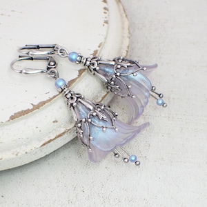 Iridescent Lucite Flower Earrings, Lavender and Blue with Crystal Pearls and Antiqued Silver, Handmade Artistic Fantasy Jewelry
