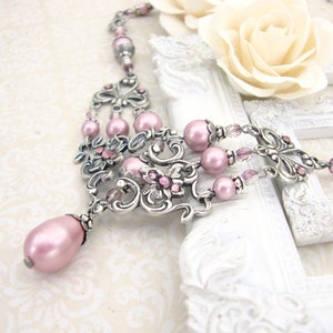 Powder Pink Victorian Necklace with Crystal Beads and Antique Silver Filigree Dusty