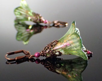 Iridescent Pink and Green Lucite Flower Earrings with Victorian Style Antiqued Copper Floral Filigree and Crystal Simulated Pearls