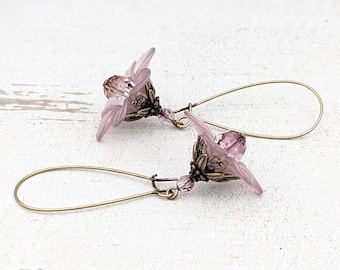 Handmade Dusty Pink Lucite Flower Earrings with Antiqued Brass and Austrian Crystal Beads