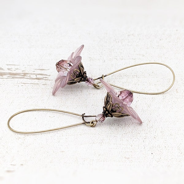 Handmade Dusty Pink Lucite Flower Earrings with Antiqued Brass and Austrian Crystal Beads