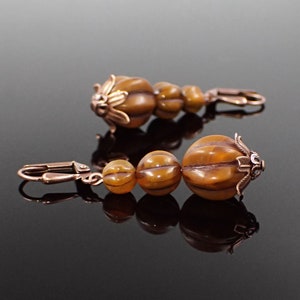 Stacked Pumpkin Earrings with Rustic Caramel-Colored Artisan Czech Glass and Antiqued Copper Details