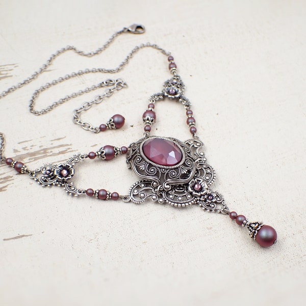 Victorian Style Necklace with Iridescent Burgundy Pearls and Crystals and Antiqued Silver Filigree
