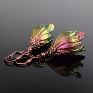 Iridescent Color Shifting Flower Earrings, Colorful Handmade Victorian Tulip Drops with Antiqued Copper Metal