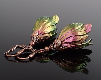 Iridescent Color Shifting Flower Earrings, Colorful Handmade Victorian Tulip Drops with Antiqued Copper Metal