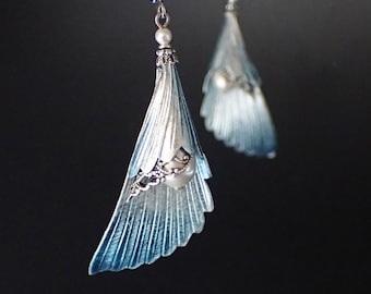 Iridescent Angel Wing Earrings with Ethereal White Crystal Pearls and Antiqued Silver Filigree