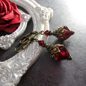 Romantic Red Victorian Gothic Earrings - Garnet Red Victorian Earrings Blood Red Jewelry - Bronze Antique Brass Victorian Jewelry