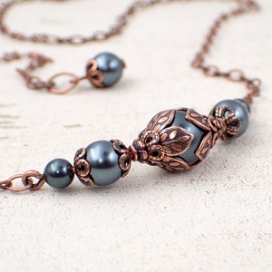 Dark Teal and Copper Necklace with Crystal Simulated Pearls, Custom Length