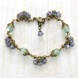 Sage and Lavender Jewelry - Czech Glass Vintage Style Purple and Green Wedding Whimsical Flower Bracelet - Brass Jewelry - Bridesmaids Gifts