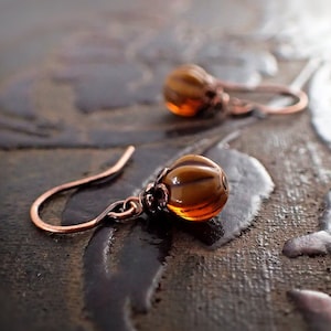 Tiny Pumpkin Earrings - Rustic Autumn Copper Jewelry - Hook or Leverback - Dainty Handmade Fall Dangle Earrings