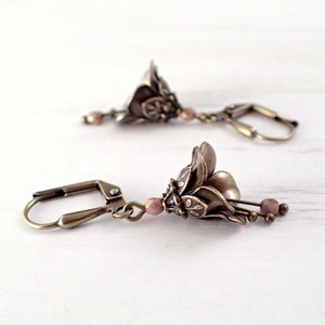 Brass Flower Earrings - Dusty Pink Bead Flower Dangle Lever Back Earrings - Vintage Style Flower Jewelry