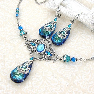 Bermuda Blue Victorian Style Necklace with Antiques Silver Filigree Custom Length image 4