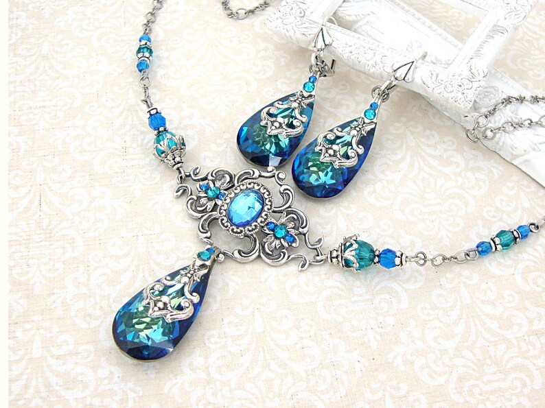 Bermuda Blue Victorian Style Necklace with Antiques Silver Filigree Custom Length image 4