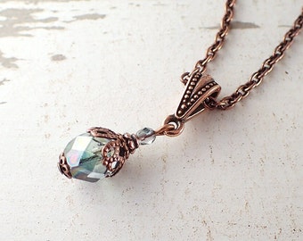 Seafoam Green Pendant Necklace - Czech Glass Copper Chain Necklace Custom Size Adjustable Length - Short Long - Boho Vintage Style Jewelry