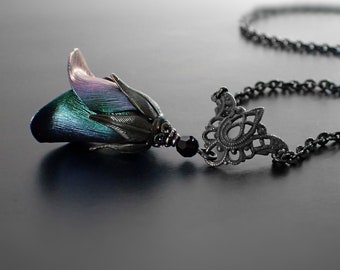 Iridescent Dark Color Shifting Flower Necklace - Gothic Victorian Tulip Pendant with Black Filigree and Crystals