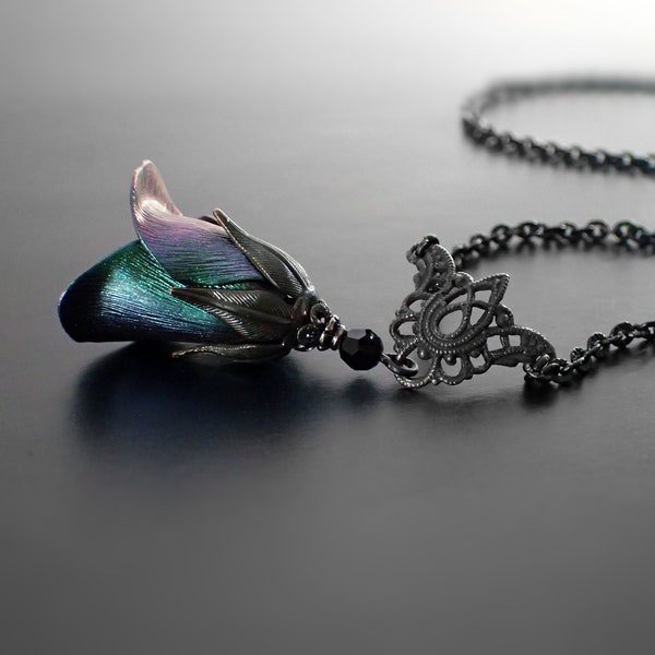 Iridescent Dark Color Shifting Flower Necklace - Gothic Victorian Tulip Pendant with Black Filigree and Crystals