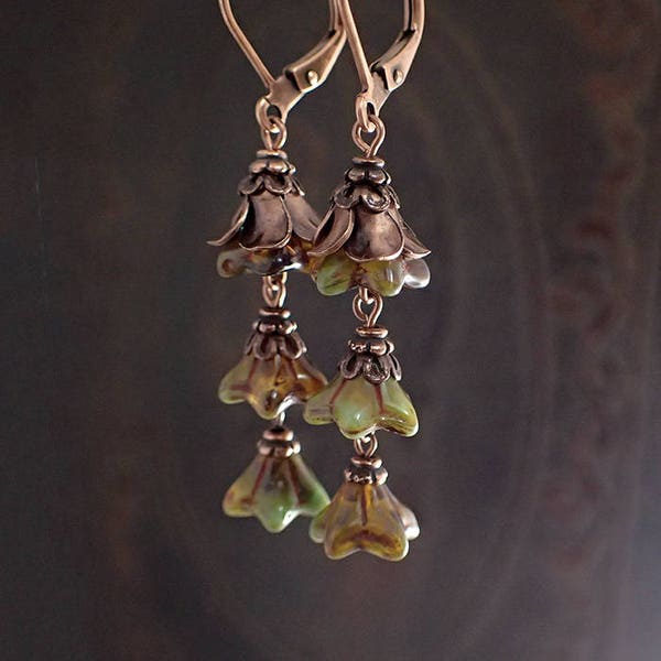 Rustic Woodland Flower Earrings Handmade with Olive Green and Topaz Czech Glass Beads and Copper