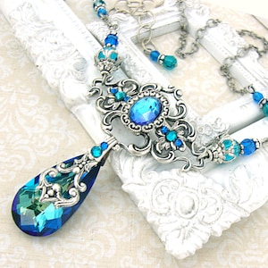 Bermuda Blue Victorian Style Necklace with Antiques Silver Filigree Custom Length image 1