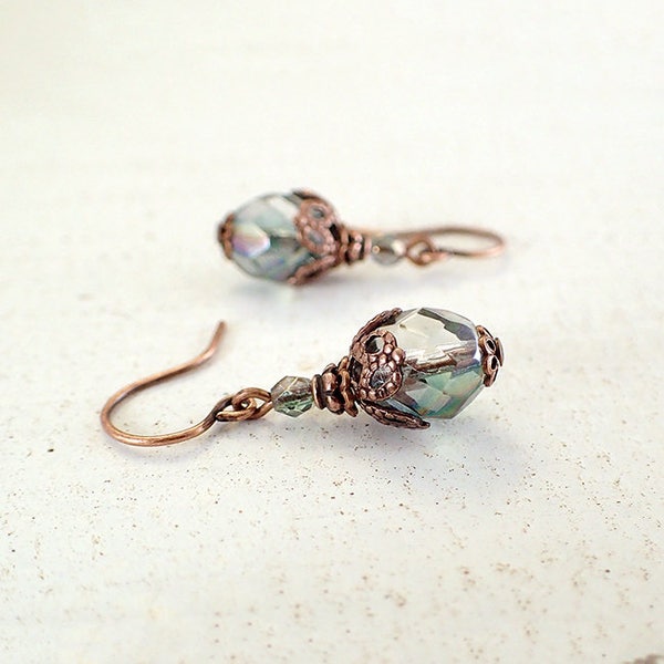 Seafoam Green Czech Glass Earrings with Antiqued Copper Filigree - Vintage Style Boho Beaded Drop Earrings