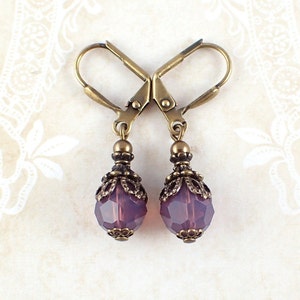 Lavender Purple Victorian Style Earrings with Crystals and Antiqued Brass Filigree - Lever Back Earrings - Antique Style Jewelry