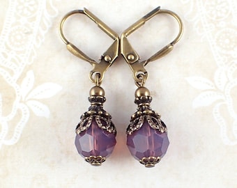 Lavender Purple Victorian Style Earrings with Crystals and Antiqued Brass Filigree - Lever Back Earrings - Antique Style Jewelry