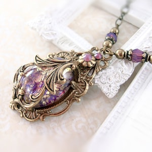 Victorian Cabochon Necklace - Antique Brass Vintage Style Jewelry - Amethyst Opal Renaissance Necklace Antique Style Victorian Jewelry