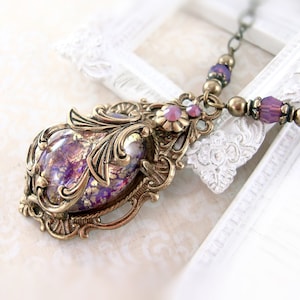 Victorian Cabochon Necklace Antique Brass Vintage Style Jewelry Amethyst Opal Renaissance Necklace Antique Style Victorian Jewelry image 1