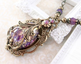 Victorian Cabochon Necklace - Antique Brass Vintage Style Jewelry - Amethyst Opal Renaissance Necklace Antique Style Victorian Jewelry