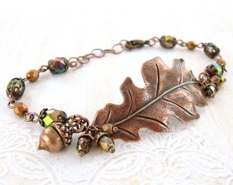 Oak Leaf Bracelet - Green And Antique Copper Jewelry - Woodland Autumn Jewelry - Rustic Autumn Cluster Bracelet - Nature Inspired Jewelry