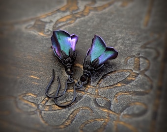 Iridescent Dark Color Shifting Flower Earrings, Gothic Victorian Tulip Drops with Black Metal and Crystals
