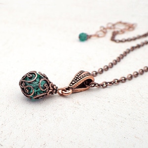 Green Copper Filigree Pendant Necklace made with Emerald Green Crystals and Antique Style Filigree